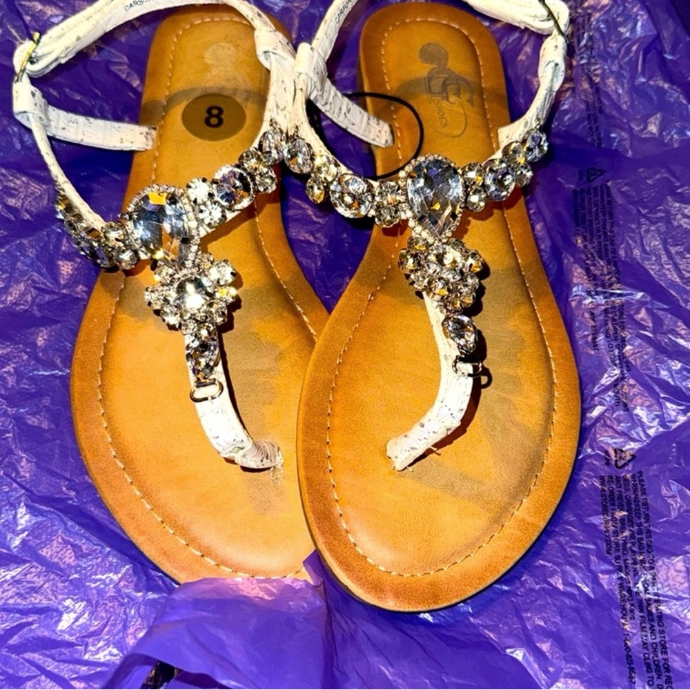 White and Tan Crystal Embellished Sandals, NEW, embellished, NWOT